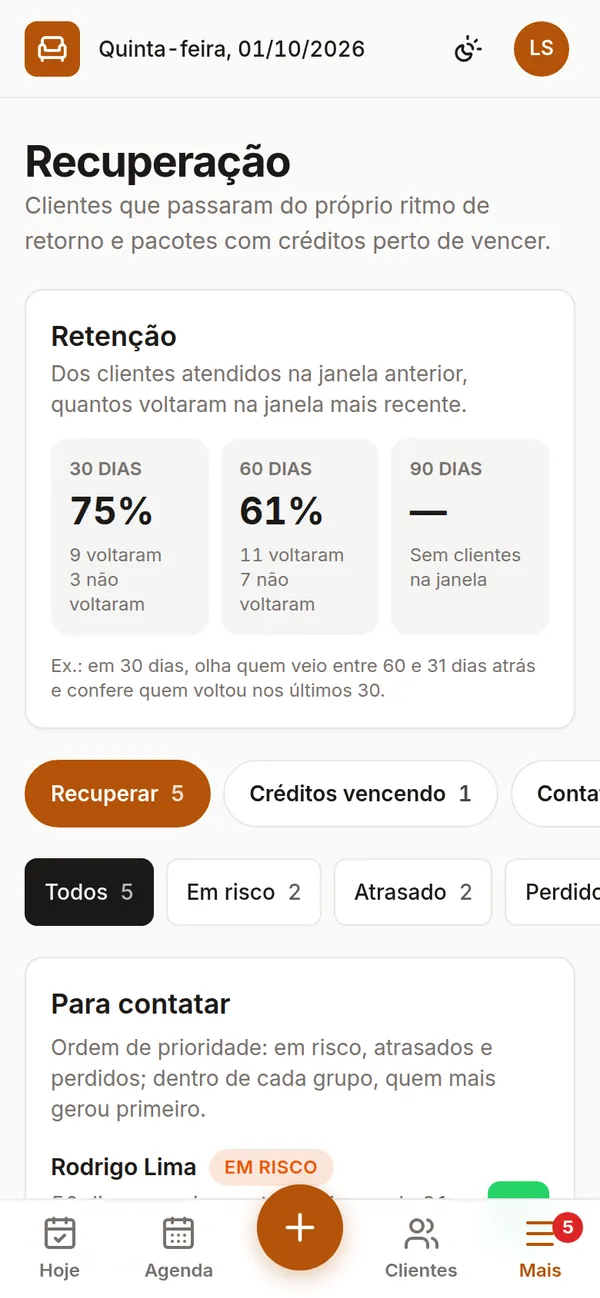 Tela de recuperação de clientes do Chairly